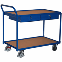 VARIOfit Tischwagen mit gebogenem Schiebegriff, 2 Schubladen und 2 Ladeflächen 985x595mm