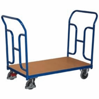 Dubbele duwbeugelwagen, staal/MDF-plaat, decor gentiaanblauw/beuken, L 850 x B 500 mm, met gebogen buizen, TPE-wielen met EasySTOP, tot 250 kg