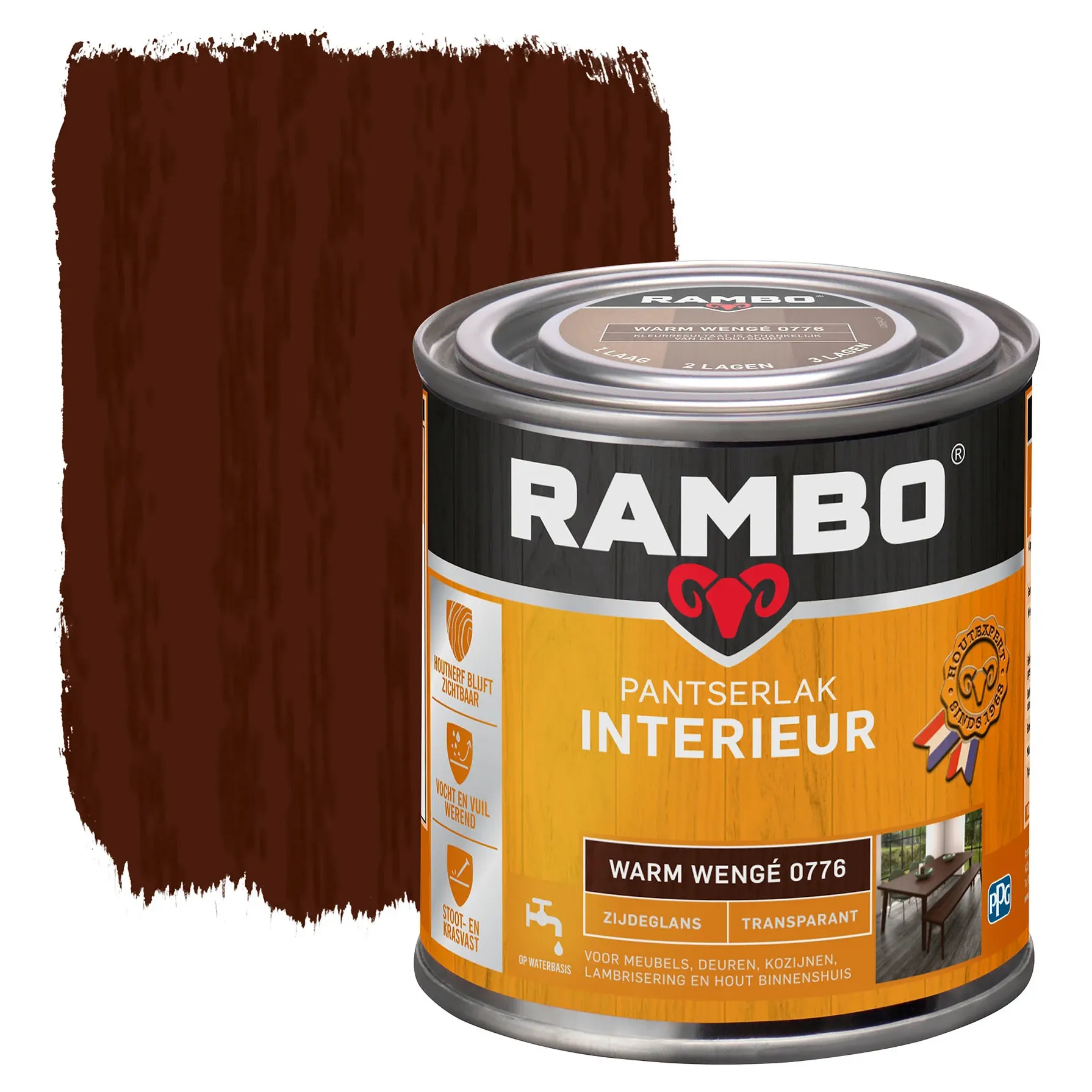 Rambo pantserlak interieur transparant zijdeglans warm wengé 250 ml