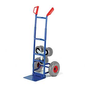 Rollcart Klapp- Treppenkarre aus Stahlrohr mit Wechselrädern, dreiarmige Vollgummi- Radsterne und Luftbereifung, Schaufelbreite 300mm
