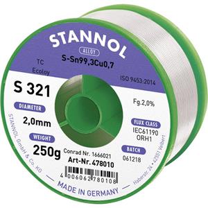 Stannol S321 2,0% 2,0MM SN99,3CU0,7 CD 250G Soldeertin, loodvrij Loodvrij, Spoel Sn99,3Cu0,7 ORH1 250 g 2 mm