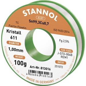 Stannol Kristall 611 Fairtin Soldeertin, loodvrij Loodvrij Sn99,3Cu0,7 REM1 100 g 1 mm