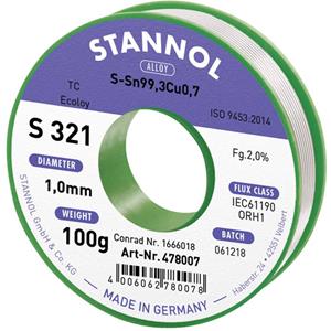 Stannol S321 2,0% 1,0MM SN99,3CU0,7CD 100G Soldeertin, loodvrij Loodvrij, Spoel Sn99,3Cu0,7 ORH1 100 g 1 mm