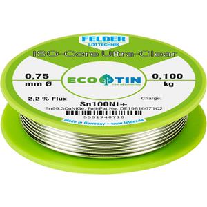 Felder LÃ¶ttechnik ISO-Core Ultra-Clear Sn100Ni+ Soldeertin, loodvrij Spoel Sn99.25Cu0.7Ni0.05 0.100 kg 0.75 mm