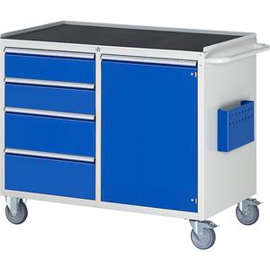 RAU Compacte werkbanken, verrijdbaar, 4 laden, 1 deur, metalen plateau met rubbermat, lichtgrijs / gentiaanblauw