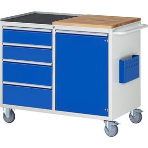 RAU Compacte werkbanken, verrijdbaar, 4 laden, 1 deur, werkblad hout/metaal, lichtgrijs / gentiaanblauw
