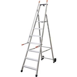 Verrijdbare magazijn- en stellingladder, met 2 leuningen en wielen, 7 treden inclusief platform