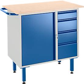 ROLLCART Kleine Werkbank auf Füßen mit 4 Schubladen und Stahlschrank