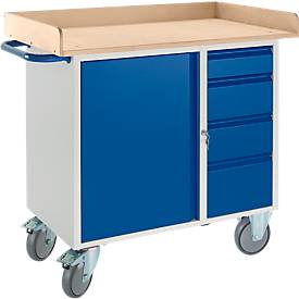 Rollcart Transportsysteme Werkbank met kast, 3-zijdige houten omranding, 2 zwenkwielen/2 bokwielen