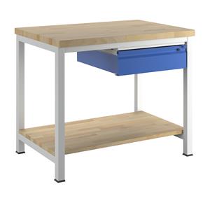 RAU Werkbank, stellingbouw, 1 lade type L, 1 aflegplateau van massief beukenhout, diepte 700 mm, breedte 1000 mm