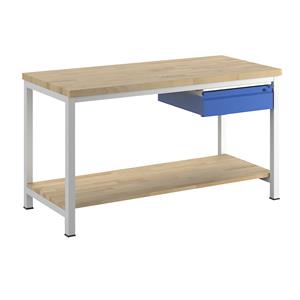 RAU Werkbank, stellingbouw, 1 lade type L, 1 aflegplateau van massief beukenhout, diepte 700 mm, breedte 1500 mm