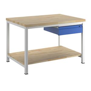 RAU Werkbank, stellingbouw, 1 lade type L, 1 aflegplateau van massief beukenhout, diepte 900 mm, breedte 1250 mm