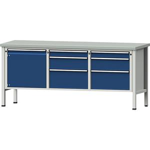 ANKE Werkbank, stellingbouw, 1 deur 540 mm, 6 laden, hoogte 890 mm, plaatstalen toplaag