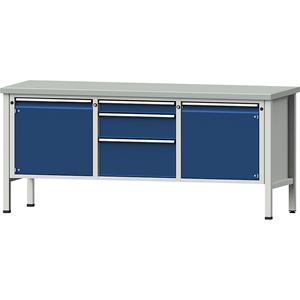 ANKE Werkbank, stellingbouw, 2 deuren 540 mm, 3 laden, hoogte 890 mm, plaatstalen toplaag