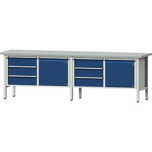 ANKE Werkbank breedte 2800 mm, stellingbouw, 2 deuren, 6 laden volledig uitschuifbaar, hoogte 890 mm, blad met toplaag van plaatstaal