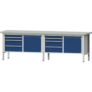ANKE Werkbank breedte 2800 mm, stellingbouw, 2 deuren, 8 laden volledig uitschuifbaar, hoogte 890 mm, blad met toplaag van plaatstaal