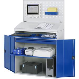 RAU Computer-werkstation, perforatiewand, lessenaar, uitschuifbaar legbord, lade, breedte 1100 mm, lichtgrijs / gentiaanblauw