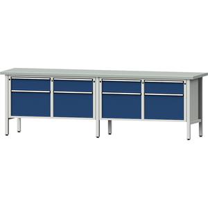 ANKE Werkbank breedte 2800 mm, stellingbouw, 8 laden, hoogte 890 mm, blad met toplaag van plaatstaal