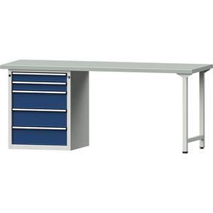 ANKE Werkbank, stellingbouw, 5 laden, breedte 2000 mm, plaatstalen toplaag