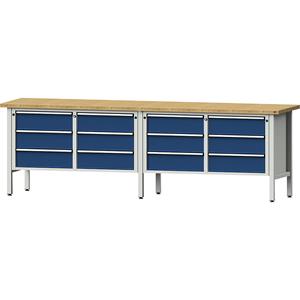 ANKE Werkbank breedte 2800 mm, stellingbouw, 12 laden, 180 mm volledig uitschuifbaar, hoogte 890 mm, massief beukenhouten blad