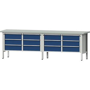 ANKE Werkbank breedte 2800 mm, stellingbouw, 12 laden, 180 mm volledig uitschuifbaar, hoogte 890 mm, blad met toplaag van plaatstaal