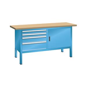 LISTA Werkbank, stellingbouw, breedte 1500 mm, 4 laden, 1 deur, kastframe lichtblauw, front lichtblauw