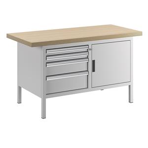 LISTA Werkbank, stellingbouw, breedte 1500 mm, 4 laden, 1 deur, kastframe lichtgrijs, front lichtgrijs