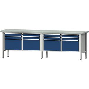 ANKE Werkbank breedte 2800 mm, stellingbouw, 12 laden, 8 x 90 mm, 4 x 360 mm, hoogte 890 mm, blad met toplaag van plaatstaal