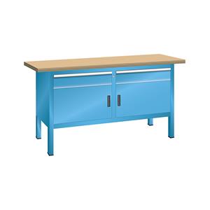 LISTA Werkbank, stellingbouw, breedte 1500 mm, 2 laden, 2 deuren, kastframe lichtblauw, front lichtblauw