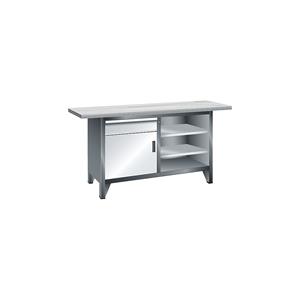 LISTA Werkbank breedte 1500 mm, stellingbouw, 3 legborden, 1 lade, 1 deur, kastframe lichtgrijs, front lichtblauw