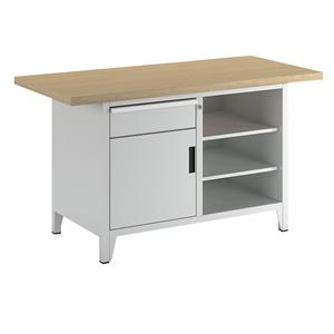 LISTA Werkbank breedte 1500 mm, stellingbouw, 3 legborden, 1 lade, 1 deur, kastframe lichtgrijs, front lichtgrijs