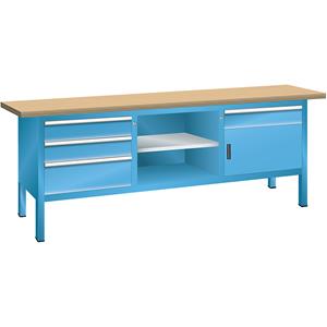 LISTA Werkbank met massief beuken blad, stellingbouw, breedte 2000 mm, 4 laden, 1 deur, kastframe lichtblauw, front lichtblauw