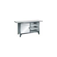 LISTA Werkbank breedte 1500 mm, stellingbouw, 3 legborden, 1 lade, 1 deur, kastframe grijs metallic, front lichtgrijs