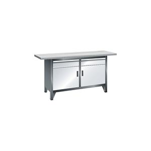 LISTA Werkbank breedte 1500 mm, stellingbouw, 2 legborden, 2 laden, 2 deuren, kastframe lichtgrijs, front lichtblauw