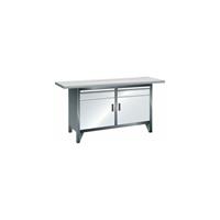 LISTA Werkbank breedte 1500 mm, stellingbouw, 2 legborden, 2 laden, 2 deuren, kastframe grijs metallic, front lichtgrijs