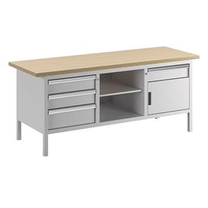 LISTA Werkbank, stellingbouw, breedte 2000 mm, 4 laden, 1 deur, kastframe lichtgrijs, front lichtgrijs