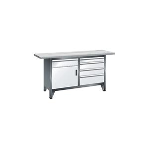 LISTA Werkbank breedte 1500 mm, stellingbouw, 1 legbord, 5 laden, 1 deur, kastframe lichtgrijs, front lichtblauw