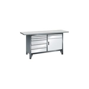 LISTA Werkbank breedte 1500 mm, stellingbouw, 1 legbord, 6 laden, 1 deur, kastframe lichtgrijs, front lichtblauw
