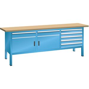 LISTA Werkbank, stellingbouw, breedte 2000 mm, 7 laden, 2 deuren, kastframe lichtblauw, front lichtblauw