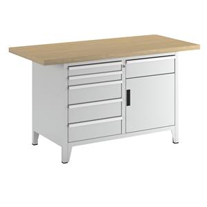 LISTA Werkbank breedte 1500 mm, stellingbouw, 1 legbord, 6 laden, 1 deur, kastframe lichtgrijs, front lichtgrijs
