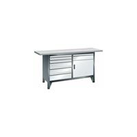 LISTA Werkbank breedte 1500 mm, stellingbouw, 1 legbord, 6 laden, 1 deur, kastframe grijs metallic, front lichtgrijs