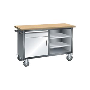 LISTA Compacte werkbank, verrijdbaar, 1 lade, 1 deur, 3 legborden, kastframe grijs metallic, front lichtgrijs