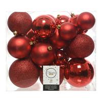 Decoris 26x stuks kunststof kerstballen rood 6-8-10 cm glans/mat/glitter - Kerstbal