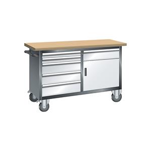 LISTA Compacte werkbank, verrijdbaar, 6 laden, 1 deur, 1 legbord, kastframe grijs metallic, front lichtgrijs