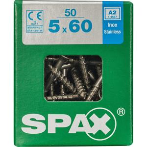 Spax - Edelstahlschraube, 5 x 60 mm, 50 Stück, Teilgewinde, Senkkopf, t-star plus T20, 4CUT, Edelstahl rostfrei A2 - 4197000500607