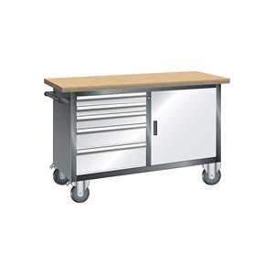LISTA Compacte werkbank, verrijdbaar, 5 laden, 1 deur, 1 legbord, kastframe grijs metallic, front lichtgrijs