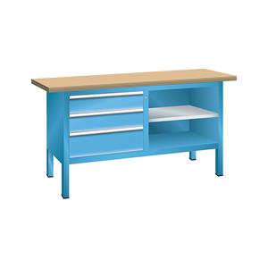 LISTA Werkbank, stellingbouw, 3 laden, 2 legborden, kastframe lichtblauw, front lichtblauw