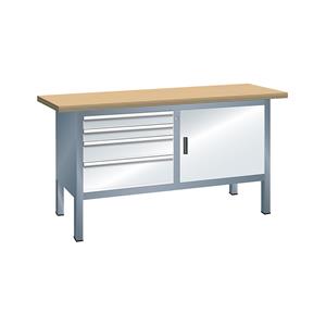 LISTA Werkbank, stellingbouw, breedte 1500 mm, 4 laden, 1 deur, kastframe grijs metallic, front lichtgrijs