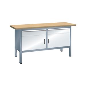 LISTA Werkbank, stellingbouw, breedte 1500 mm, 2 laden, 2 deuren, kastframe grijs metallic, front lichtgrijs