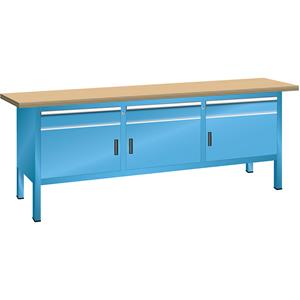 LISTA Werkbank, stellingbouw, breedte 2000 mm, 3 laden, 3 deuren, kastframe lichtblauw, front lichtblauw